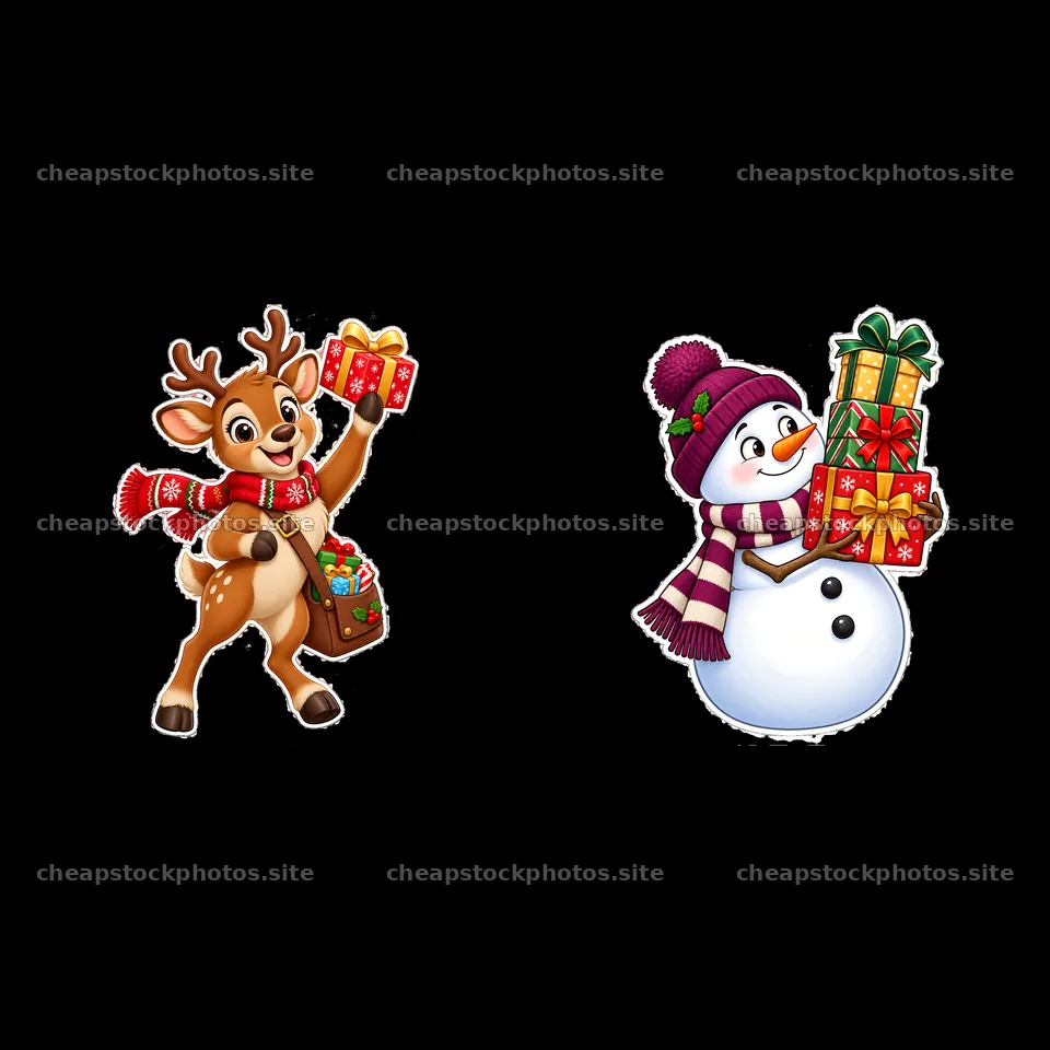 Reindeer holding gifts beside snowman stacked with presents – stock photos 7746x7746