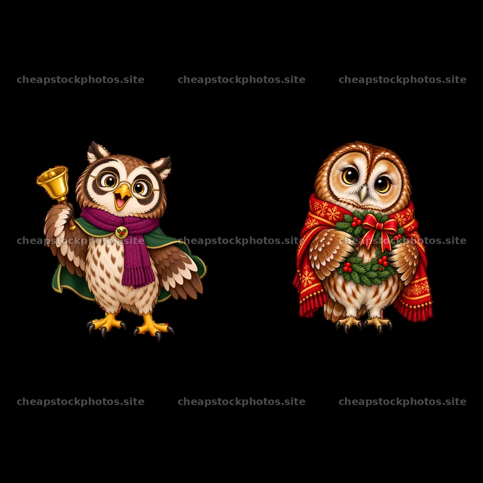 Christmas owls with bell and wreath in festive attire – stock photos 7746x7746