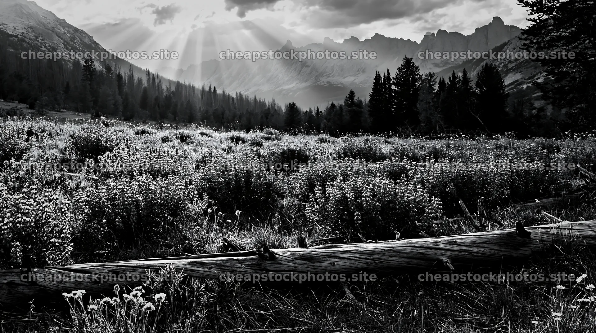 Crepuscular rays meadow with vibrant wildflowers and mountains – stock photos 10608x5938