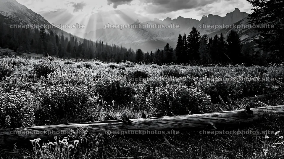 Crepuscular rays meadow with vibrant wildflowers and mountains – stock photos 10608x5938