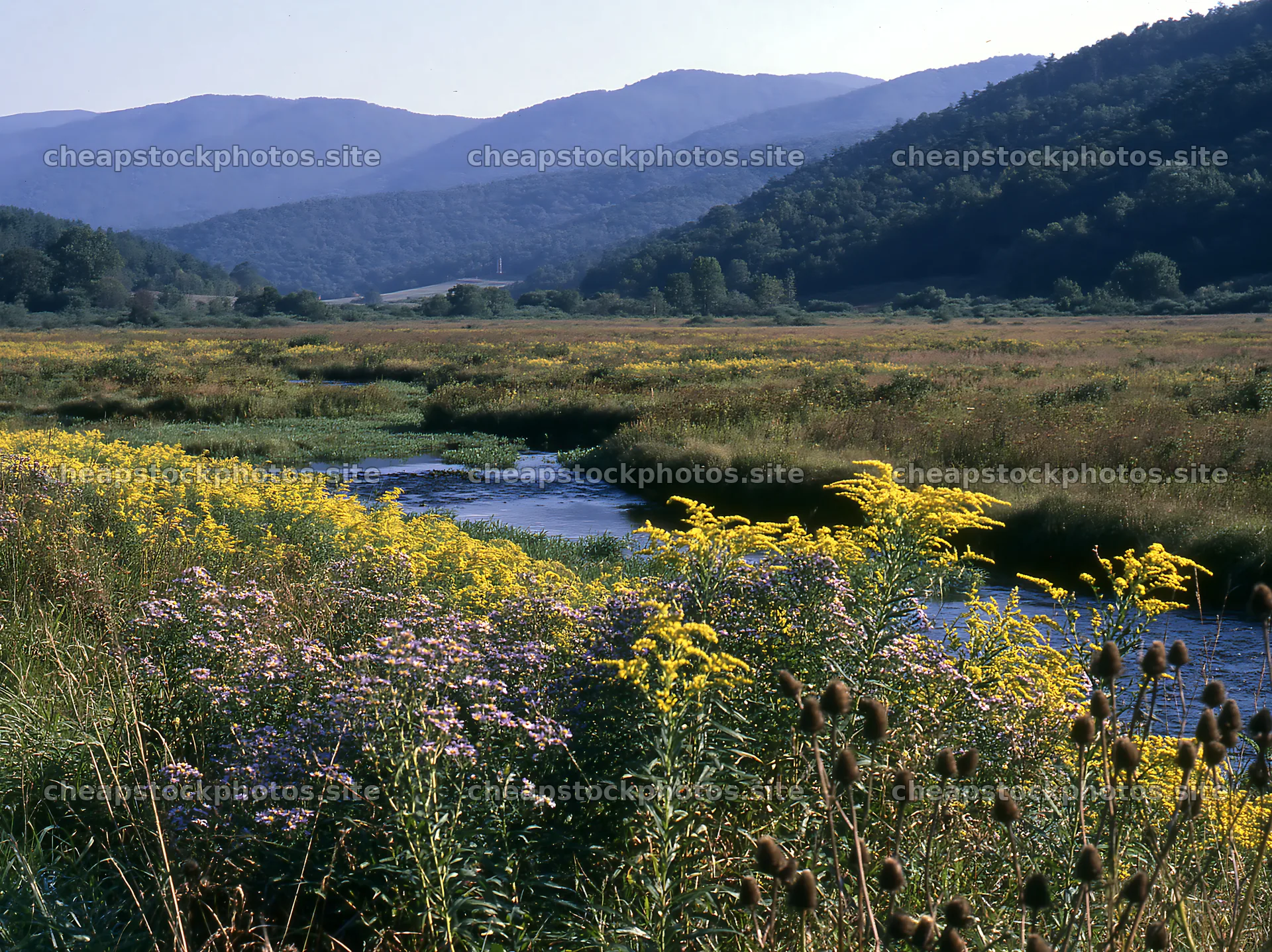 High contrast meadow and stream landscape in mountain area – stock photos 9174x6866