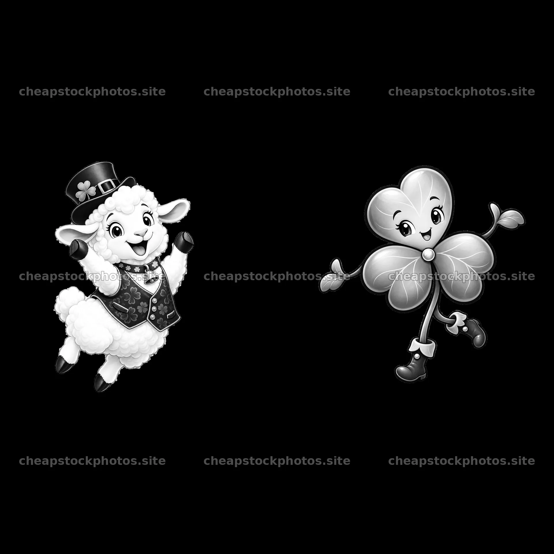 Cartoon sheep and shamrock characters for St. Patrick's Day – stock photos 7746x7746