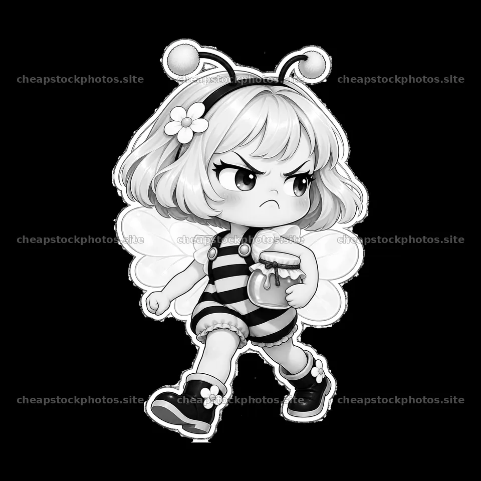 Kawaii grumpy fairy with jar walking in striped outfit – stock photos 7746x7746