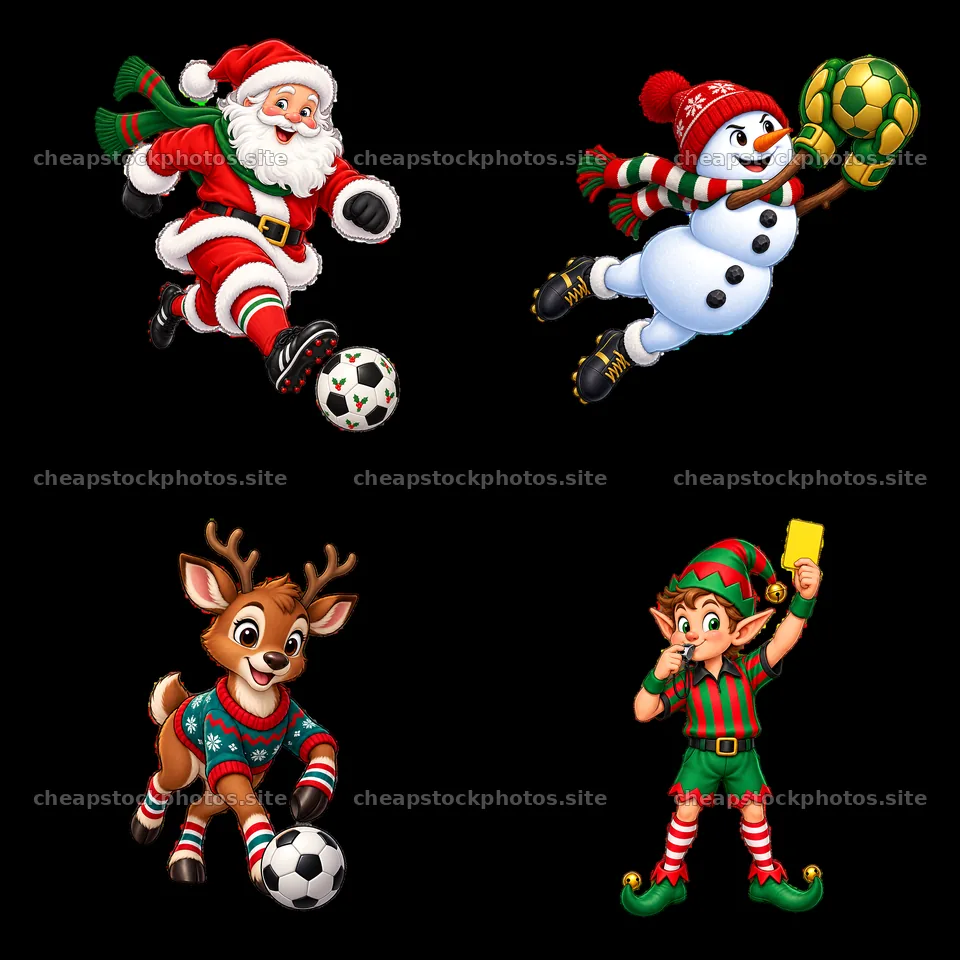 Christmas soccer characters in a playful 2x2 illustration – stock photos 7746x7746
