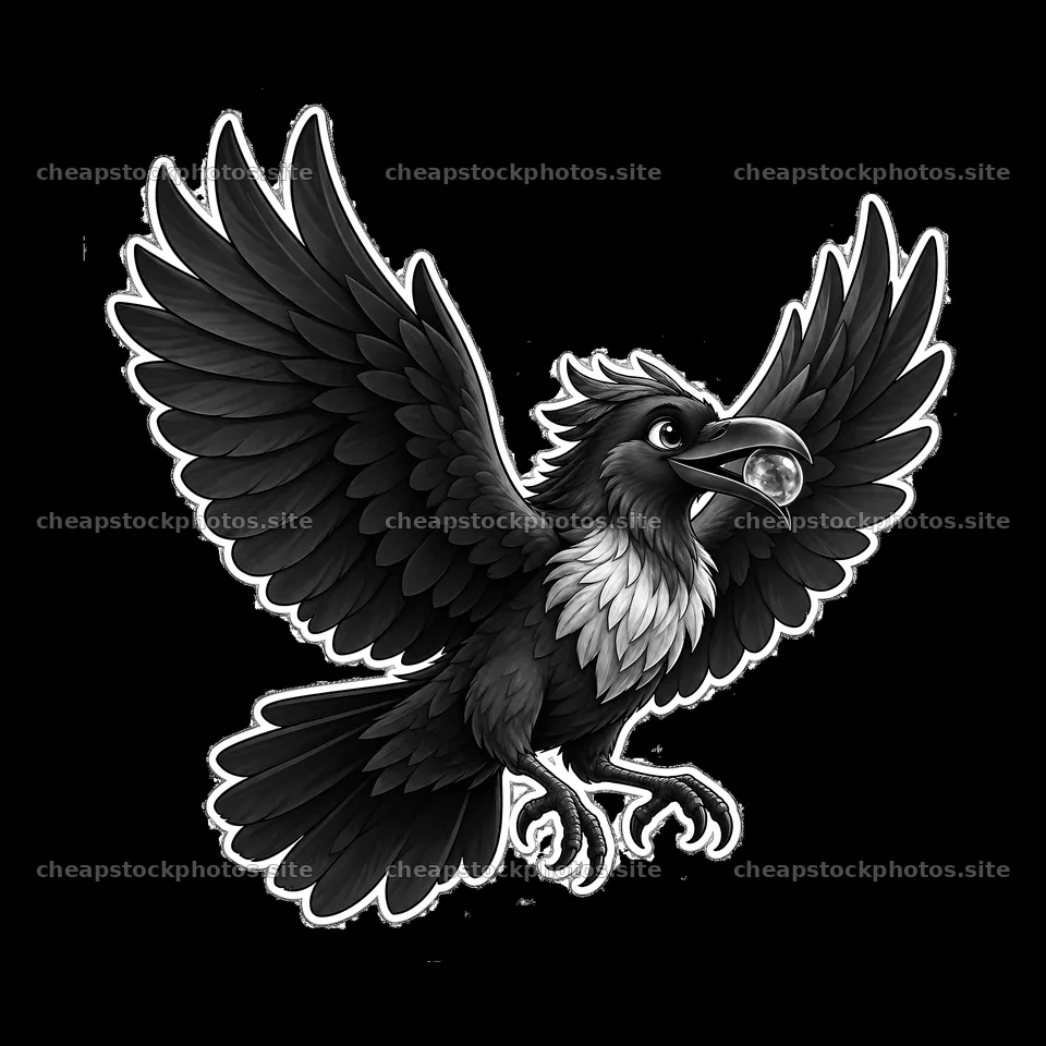 Odin's raven carrying a shining orb with outstretched wings – stock photos 7746x7746