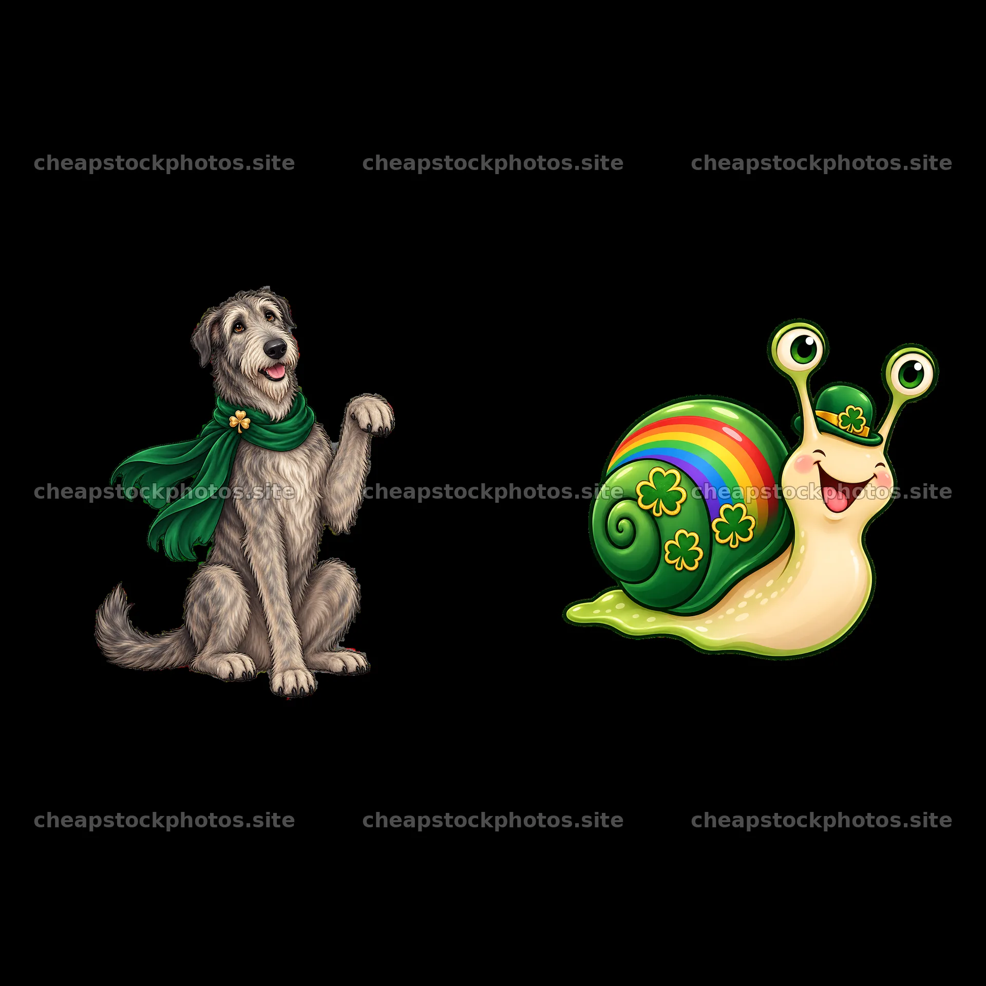 Cartoon dog in green scarf and smiling snail with rainbow shell – stock photos 7746x7746