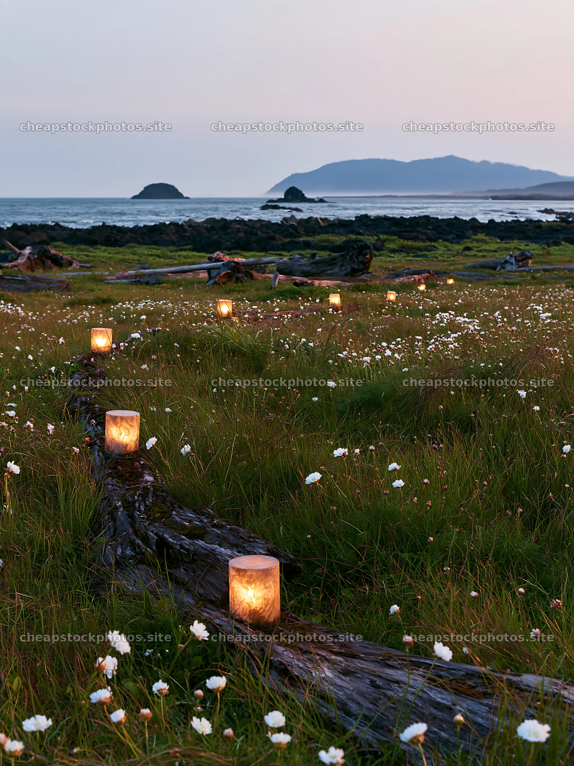 Expansive Christmas meadow with lights and driftwood – stock photos 6866x9174