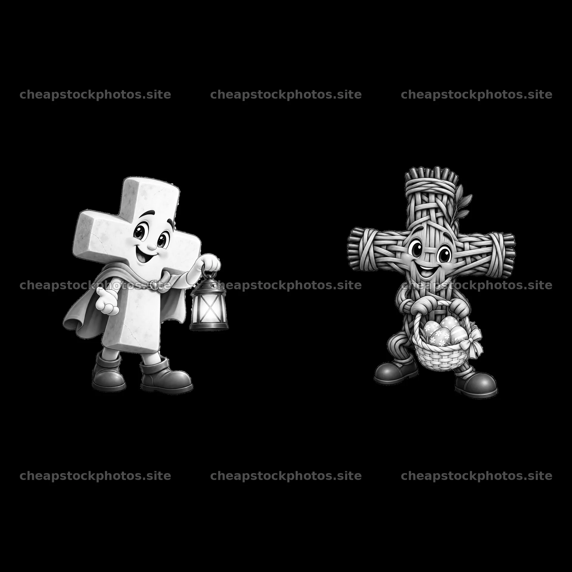 Easter cross characters with lantern and basket of eggs – stock photos 7746x7746