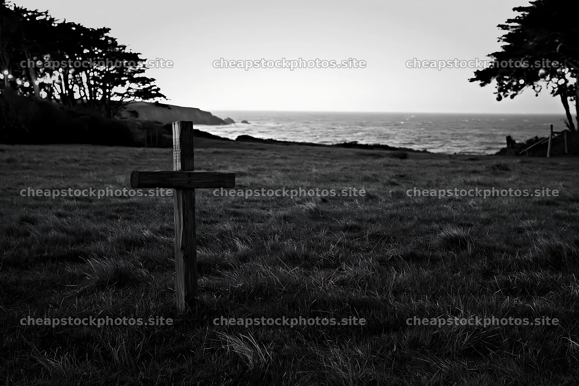 Cross in a meadow near the ocean at dusk – stock photos 9722x6480