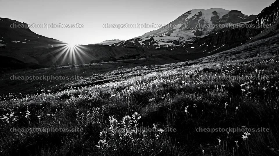 Mount Rainier wildflower meadow at sunrise – stock photos 10608x5938