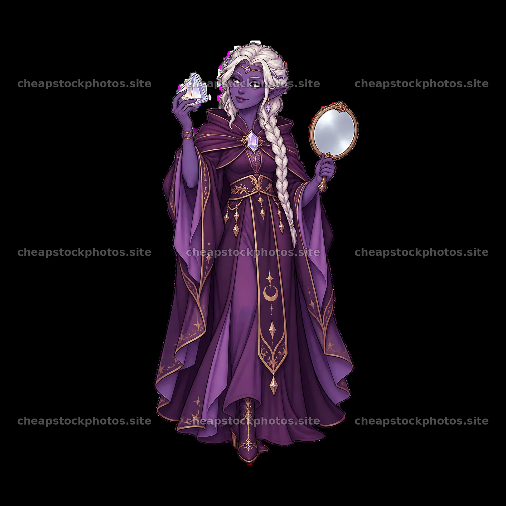 Pagan goddess holding a crystal and a mirror in a purple robe – stock photos 7746x7746