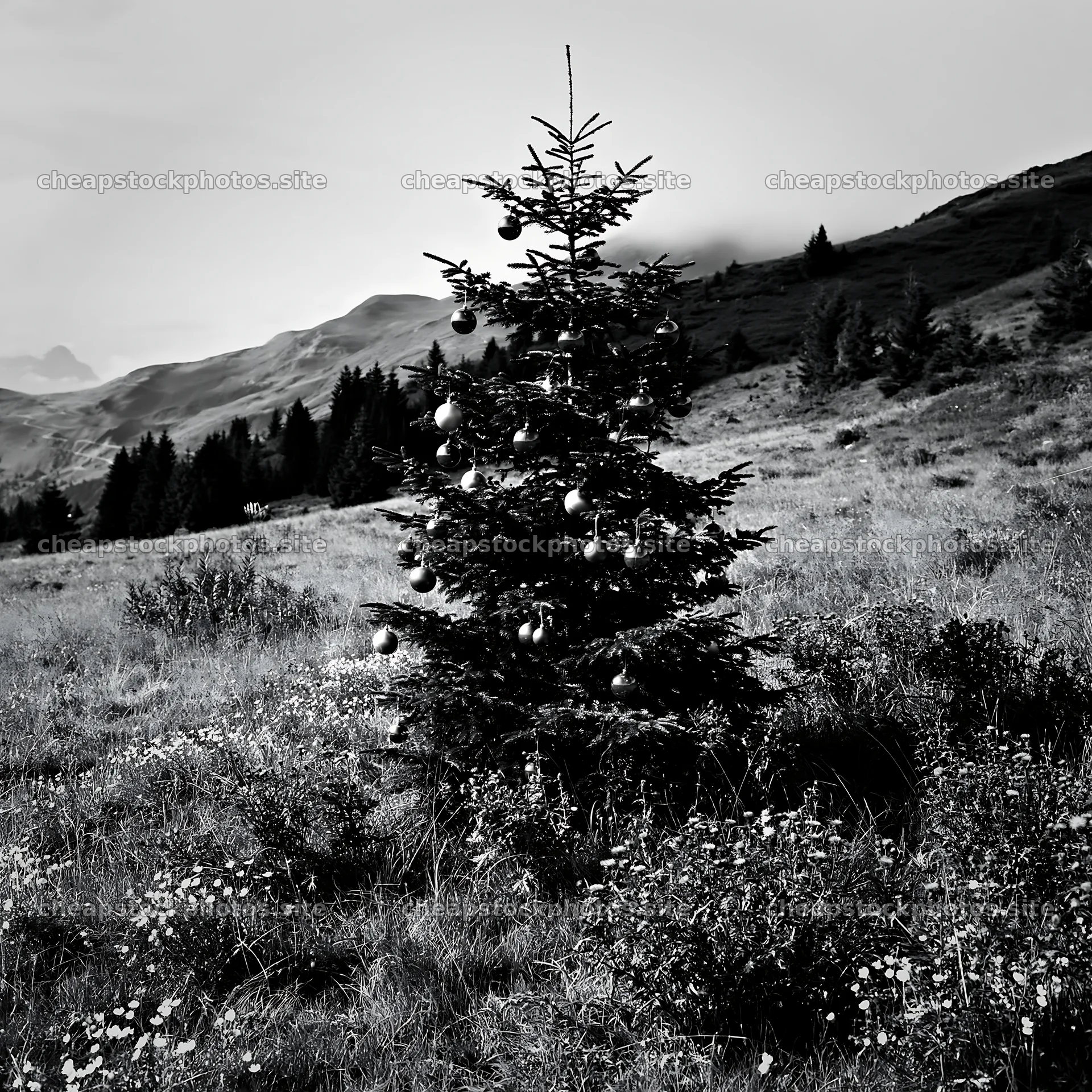 Christmas tree decorated with baubles in mountain meadow – stock photos 7938x7938