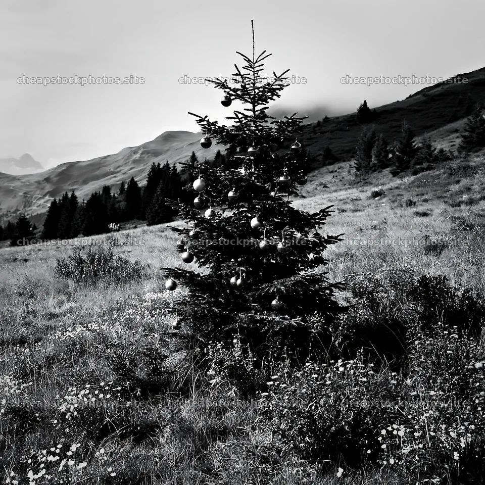 Christmas tree decorated with baubles in mountain meadow – stock photos 7938x7938