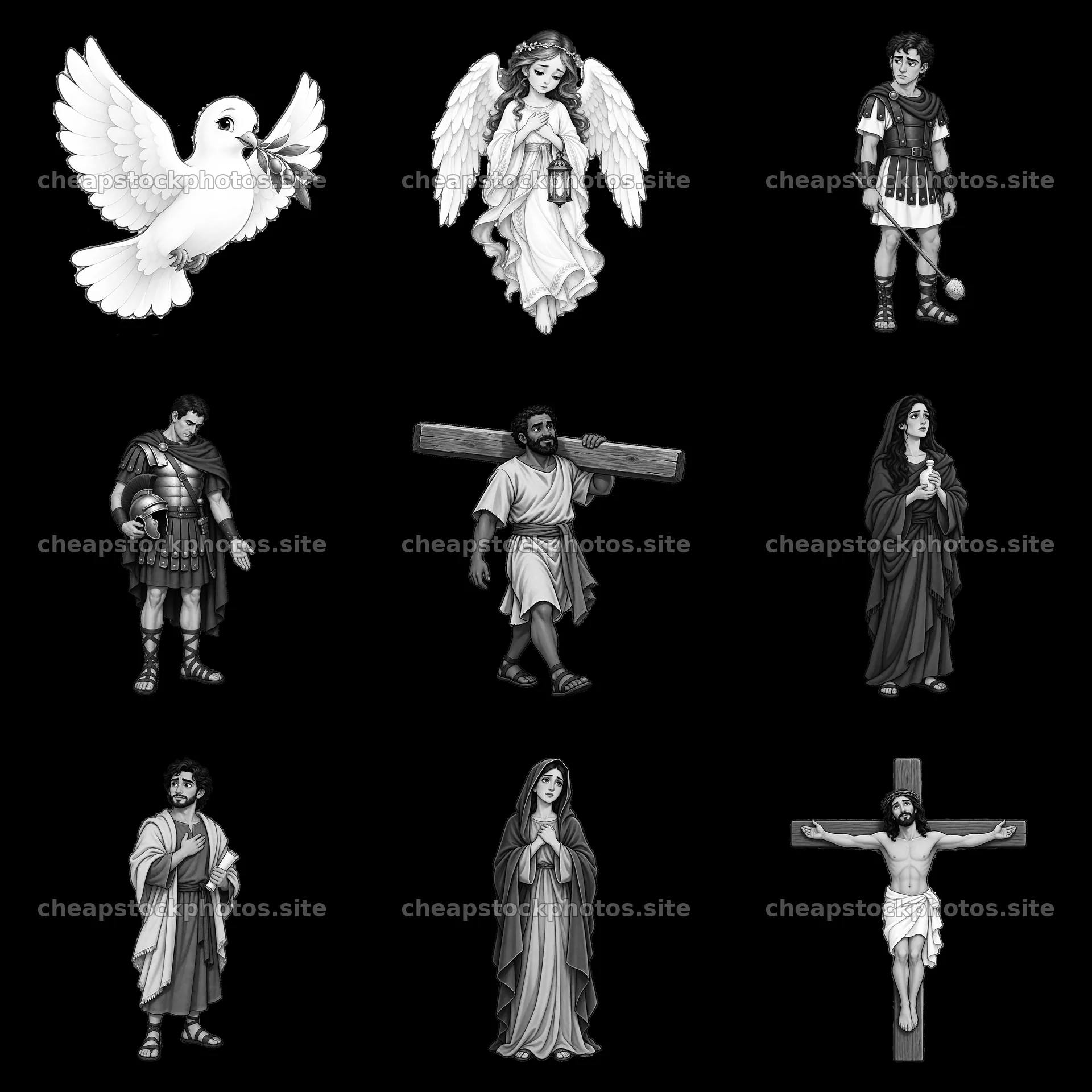 Jesus on the cross with angels, soldiers, and followers – stock photos 7746x7746