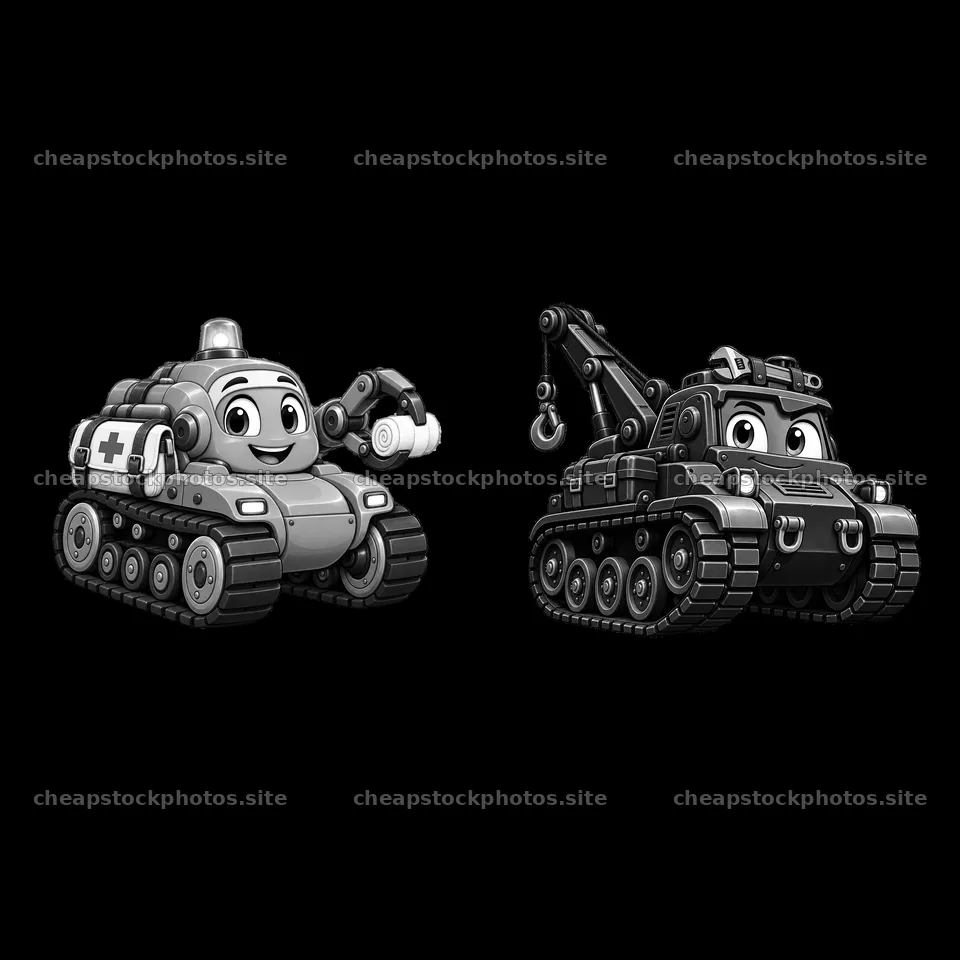 Tank characters with friendly expressions in monochrome design – stock photos 7746x7746