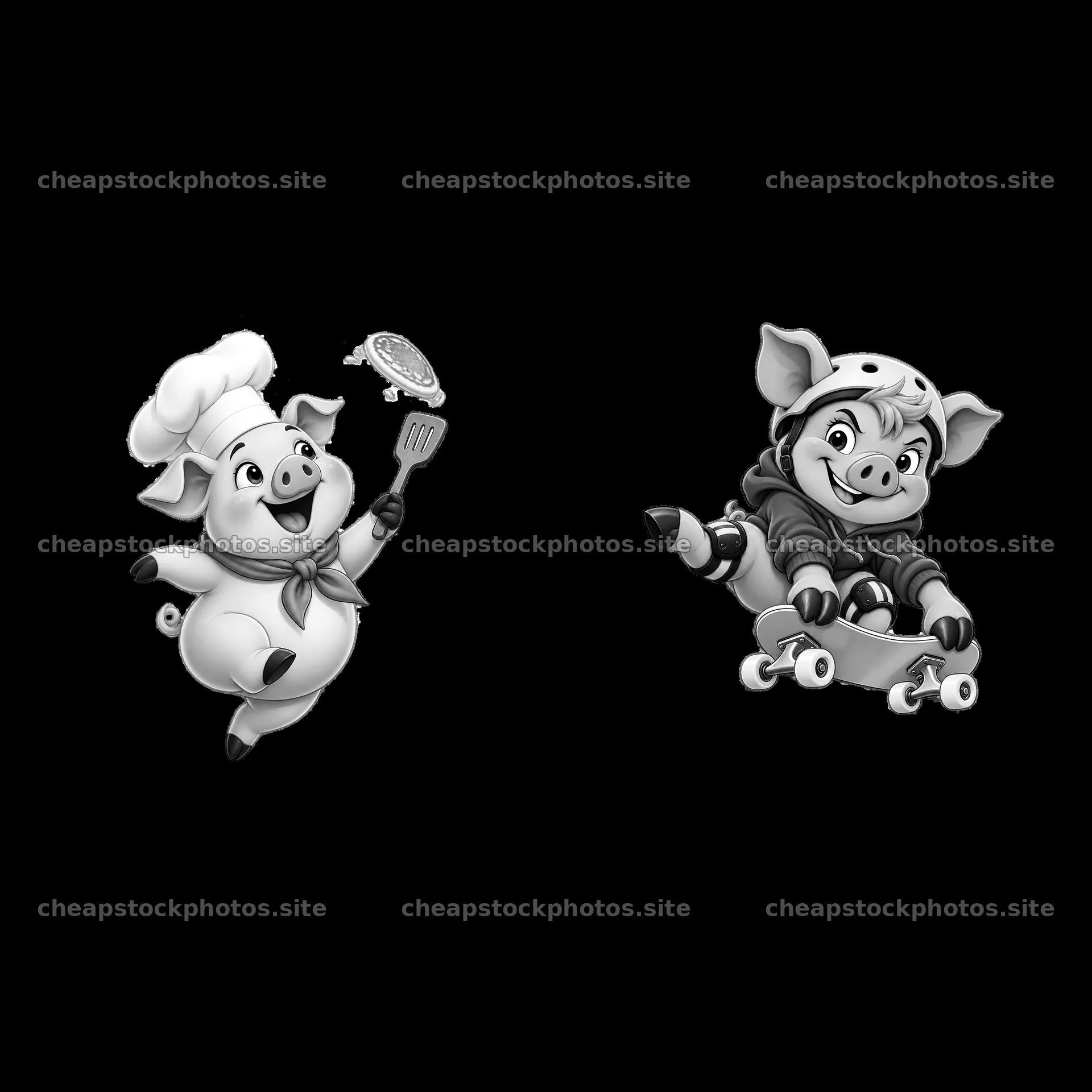 Cheerful pig chef cooking and pig skating together in black and white – stock photos 7746x7746
