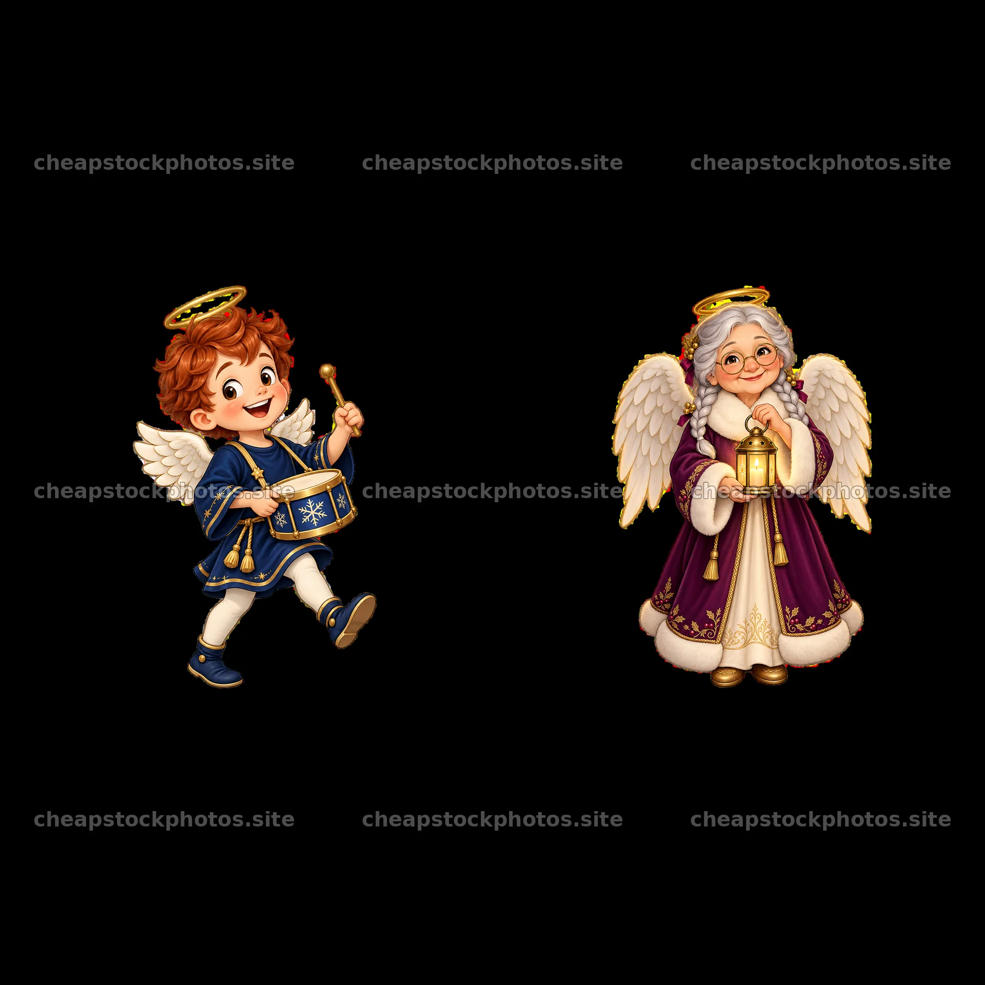 Cheerful Christmas angel with drum and wise angel with lantern – stock photos 7746x7746