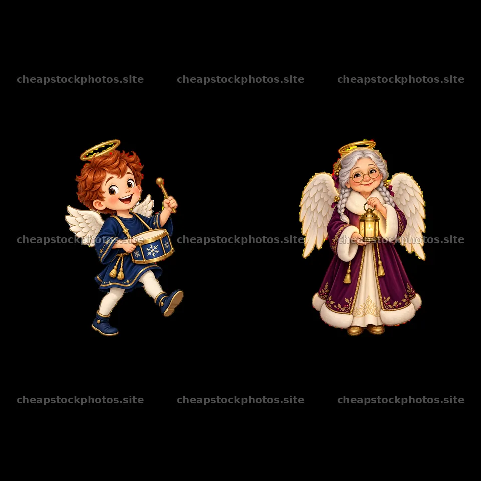 Cheerful Christmas angel with drum and wise angel with lantern – stock photos 7746x7746