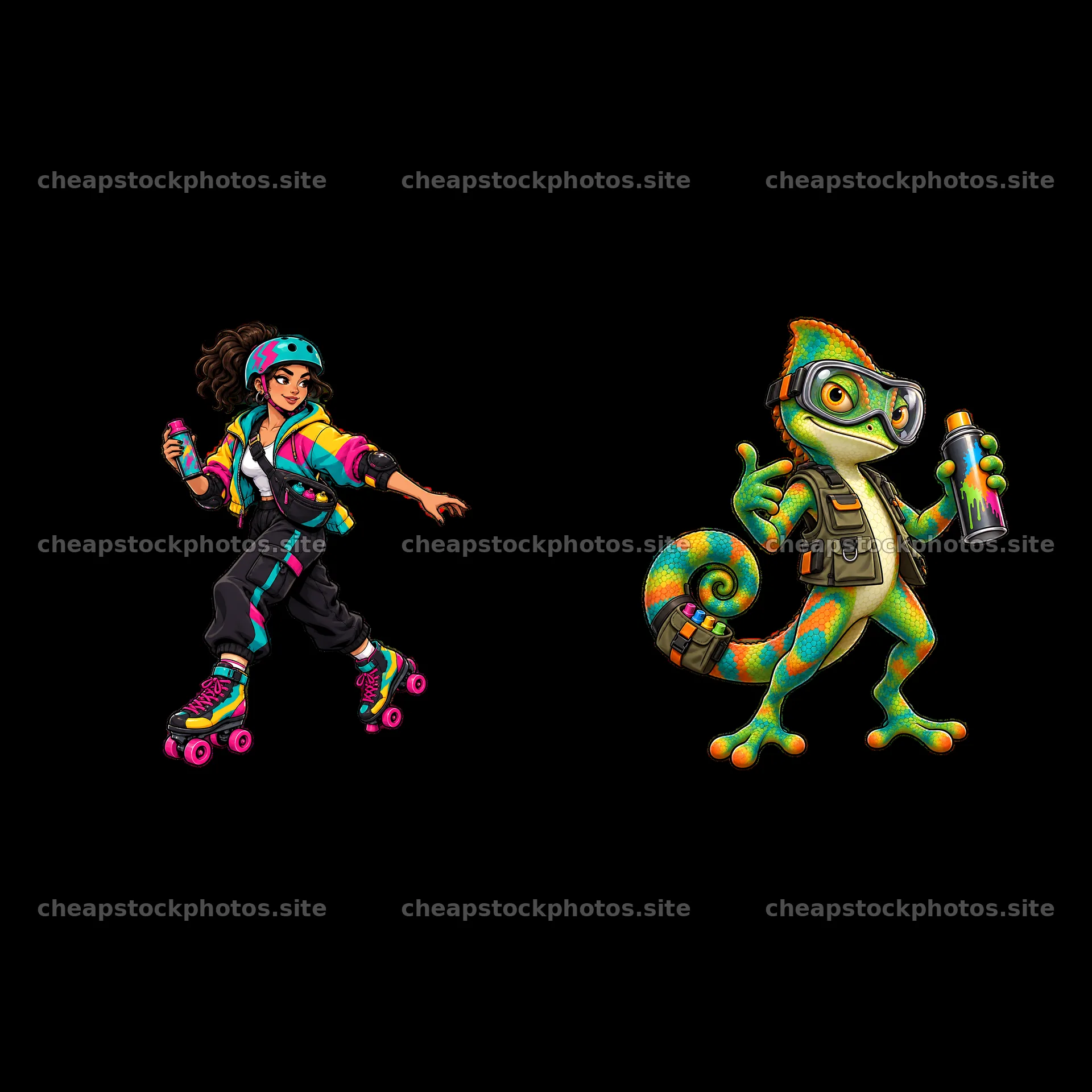 Graffiti sprayer characters with roller skates and a chameleon – stock photos 7746x7746