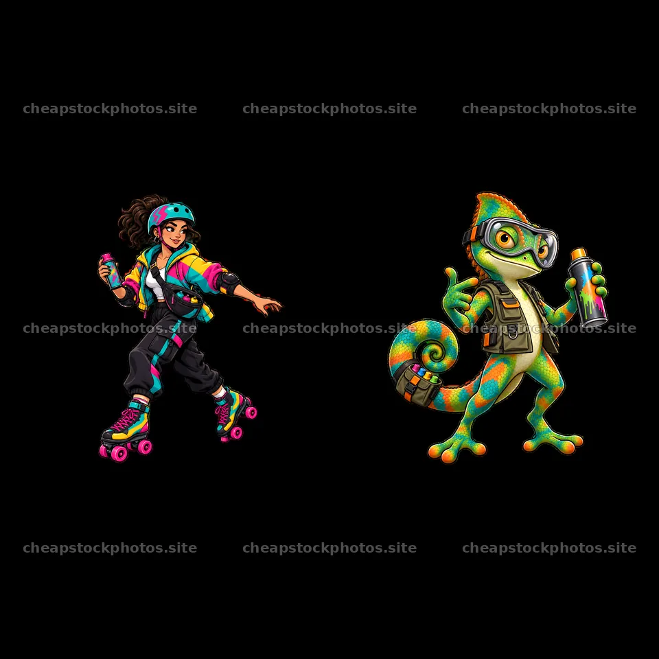 Graffiti sprayer characters with roller skates and a chameleon – stock photos 7746x7746