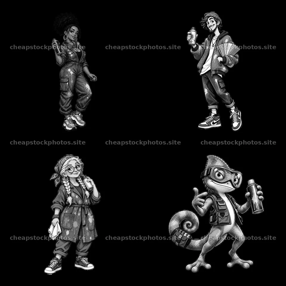Graffiti sprayer characters in a monochrome square layout – stock photos 7746x7746