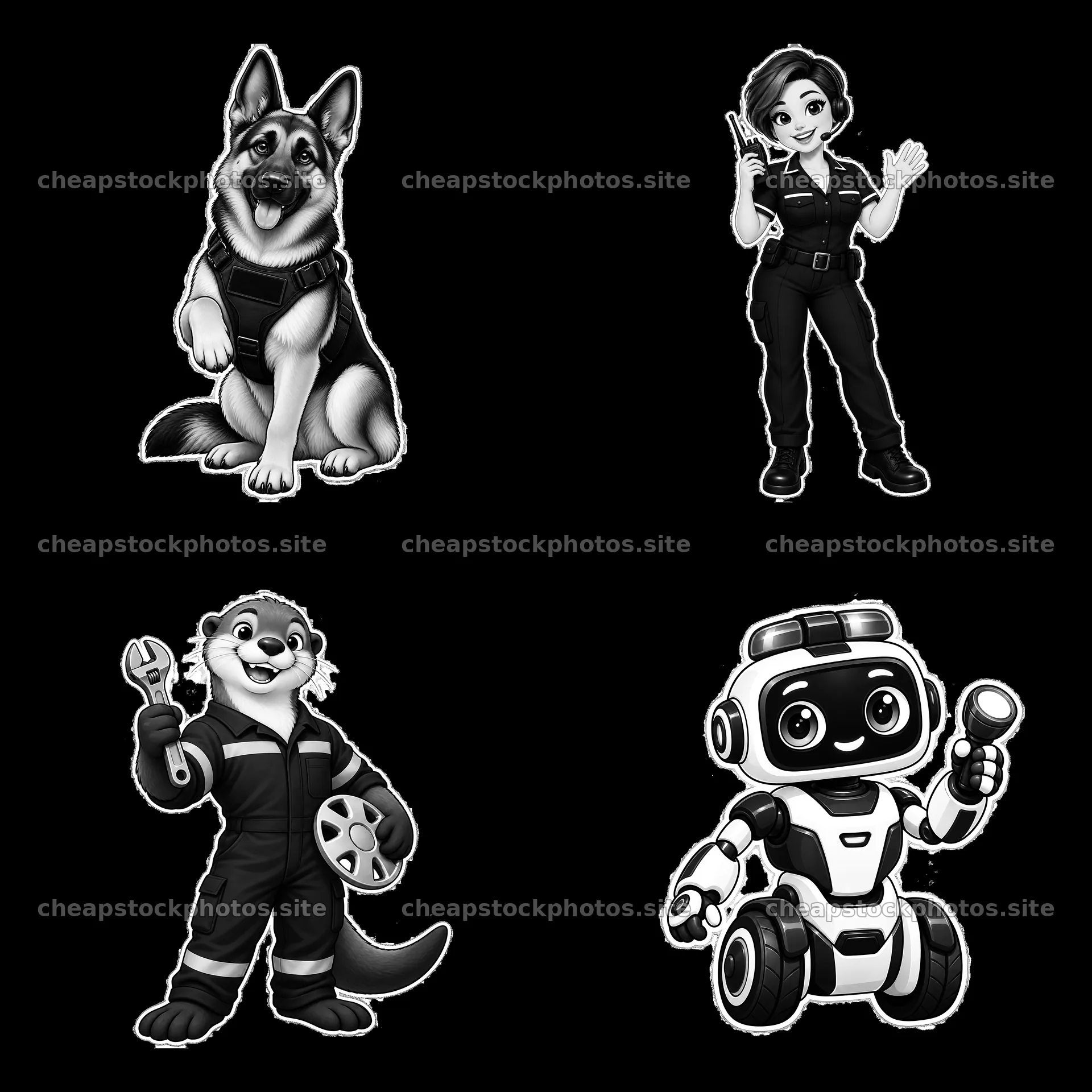 Police dog, officer, and robot in grayscale cartoon sticker design – stock photos 7746x7746