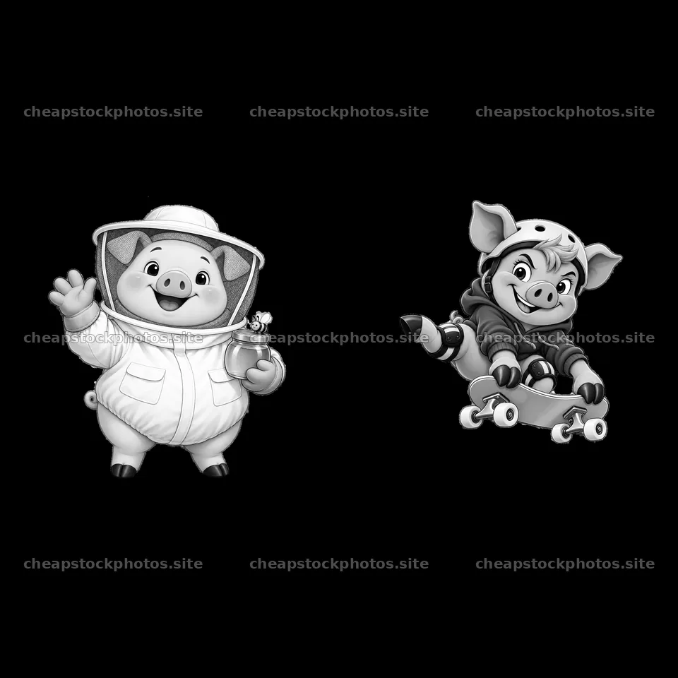 Pig characters in cartoon styles performing different activities – stock photos 7746x7746