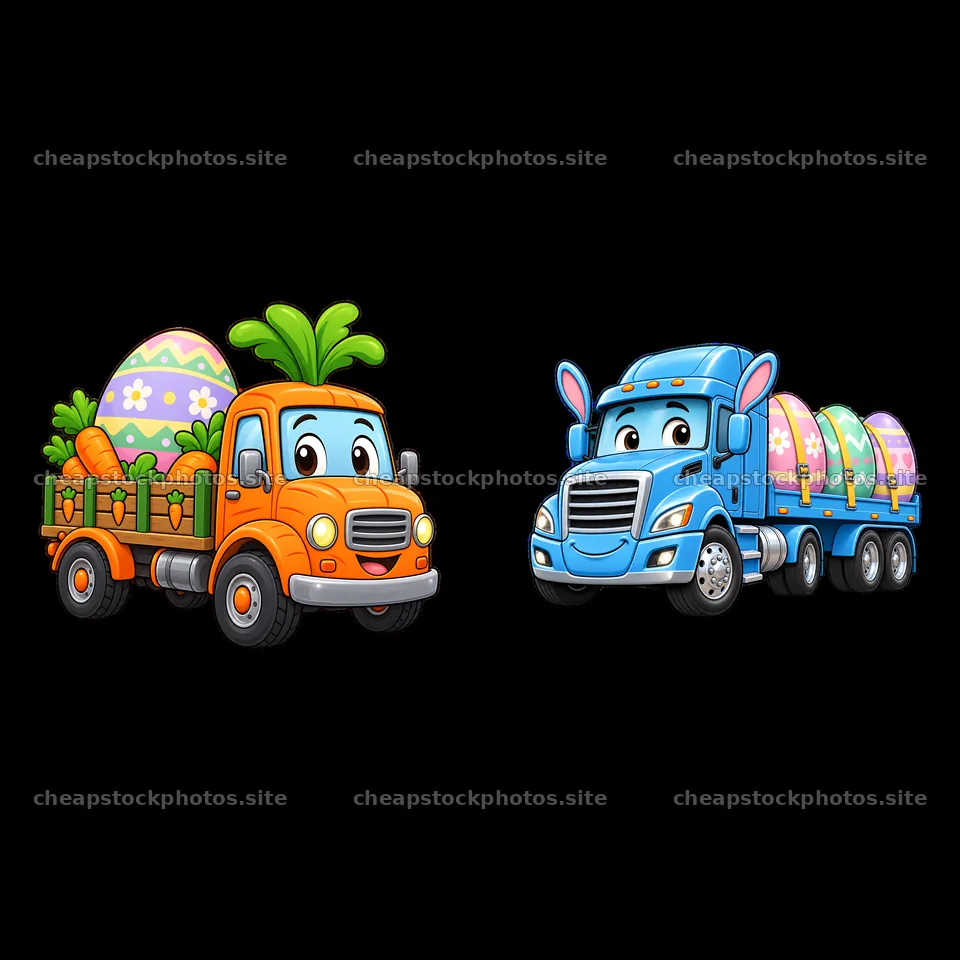 Easter trucks carrying eggs and carrots in vibrant colors – stock photos 7746x7746
