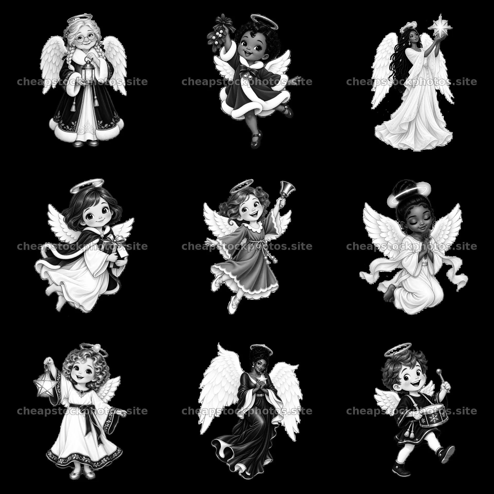 Christmas angel characters in a 3x3 grid sticker design – stock photos 7746x7746