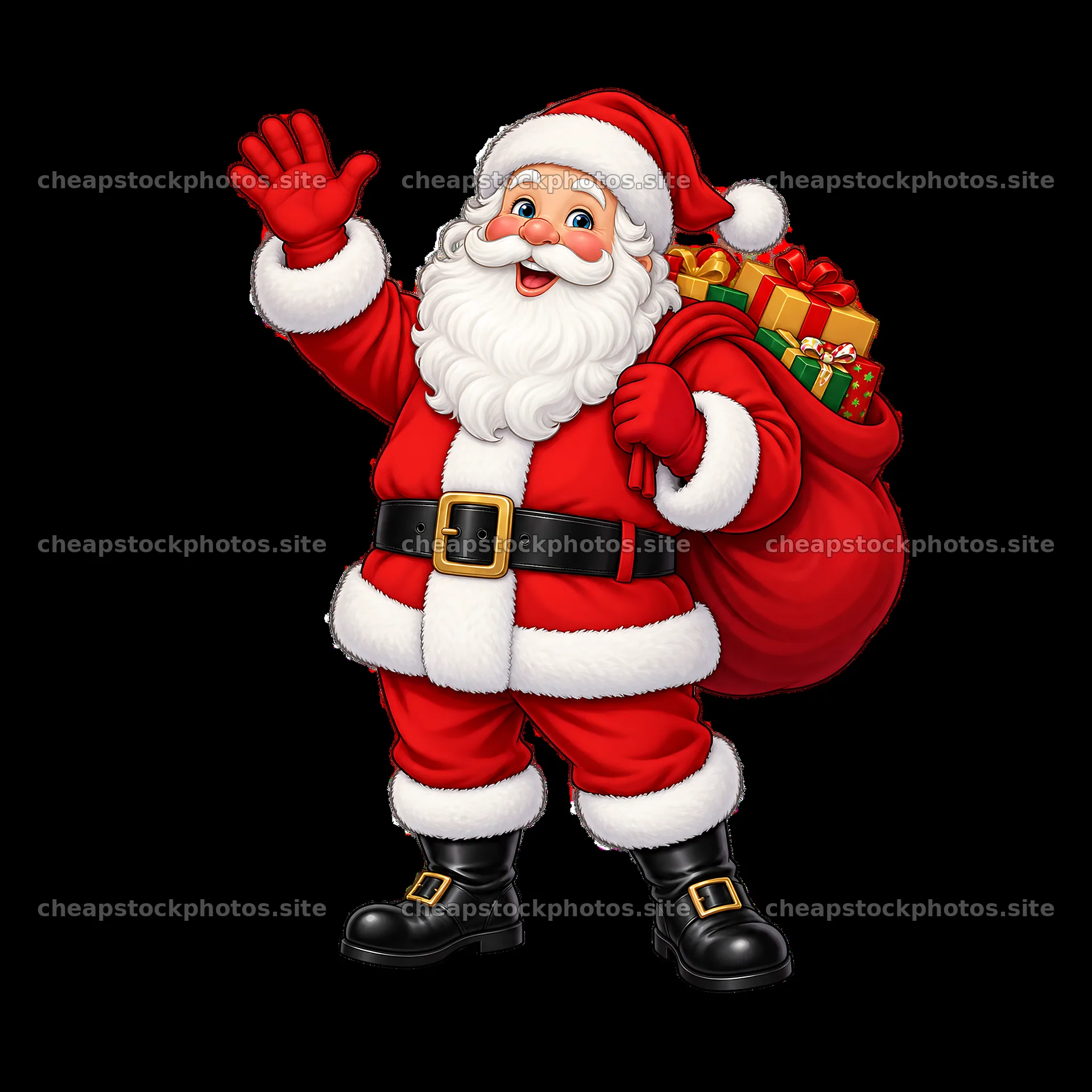 Santa Claus waving with a bag of gifts in Christmas colors – stock photos 7746x7746