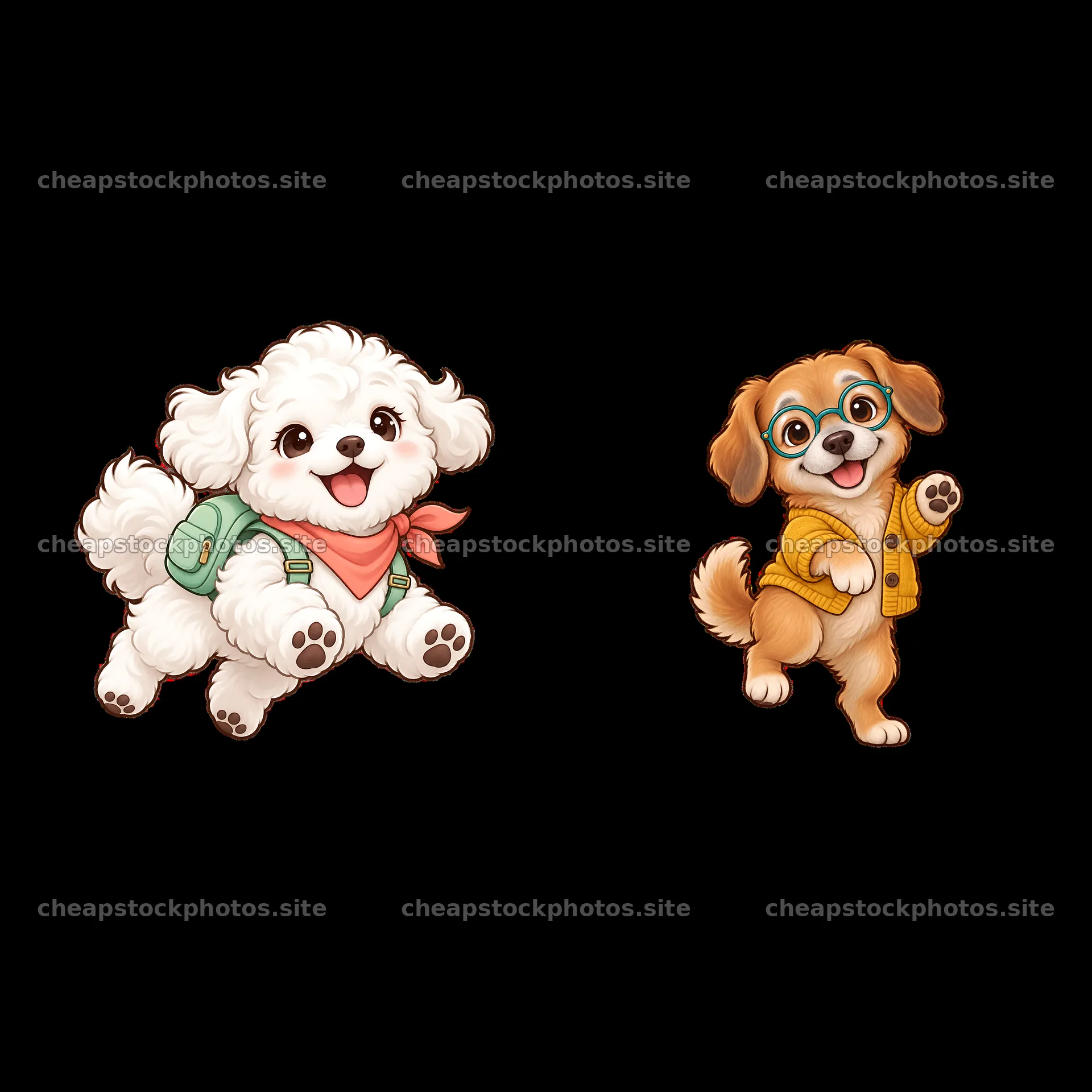 Cute cartoon dogs in cheerful poses with accessories – stock photos 7746x7746