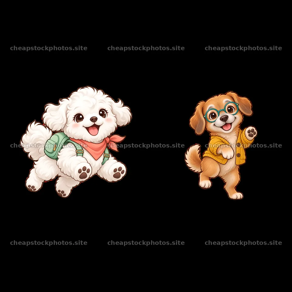 Cute cartoon dogs in cheerful poses with accessories – stock photos 7746x7746