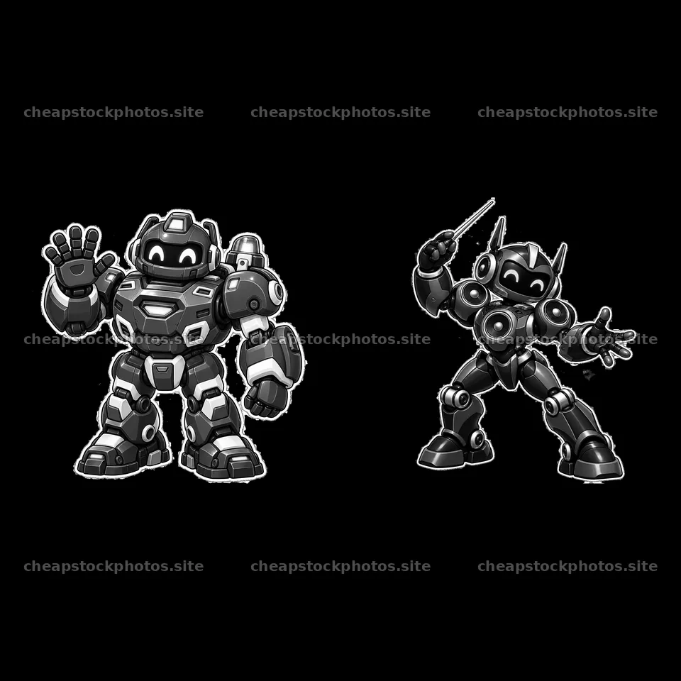 Cartoon mech robots waving and posing in black and white – stock photos 7746x7746