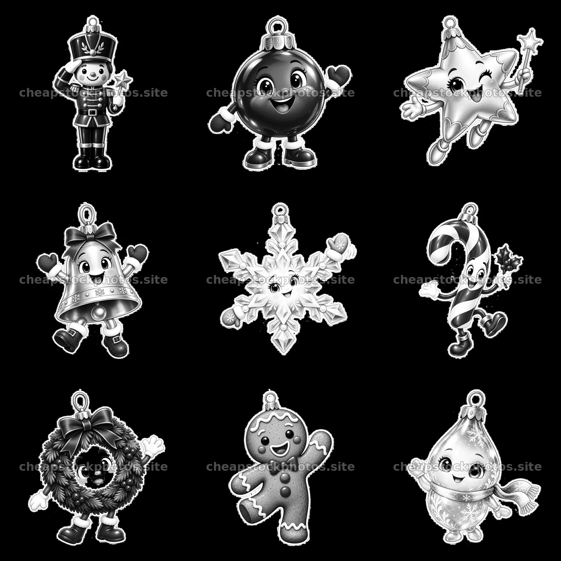 Nine cartoon-style Christmas ornaments are arranged in a grid – stock photos 7746x7746