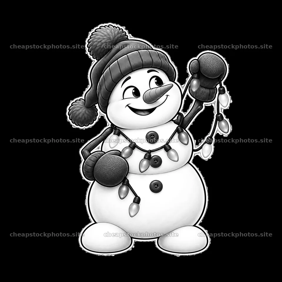 Snowman holding string lights with a big smile and warm hat – stock photos 7746x7746