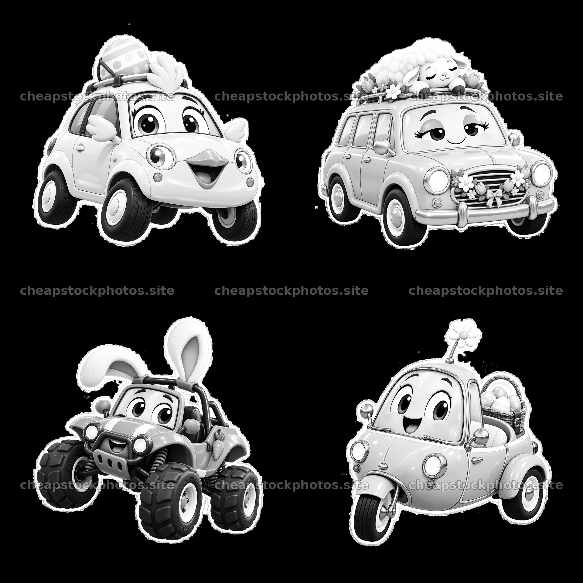 Easter-themed cartoon cars with playful characters in a 2x2 layout – stock photos 7746x7746
