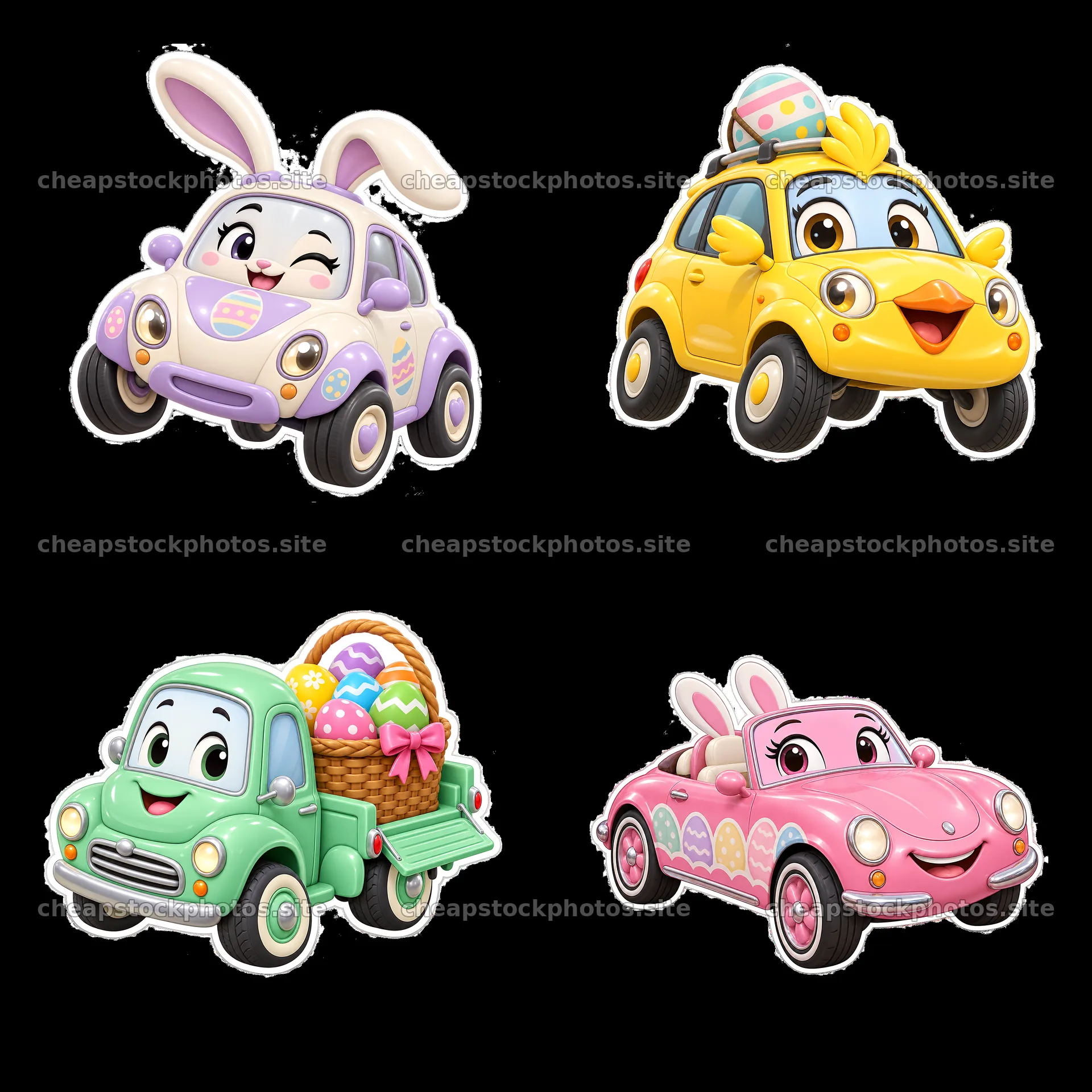 Easter theme cartoon stickers featuring colorful cars and characters – stock photos 7746x7746