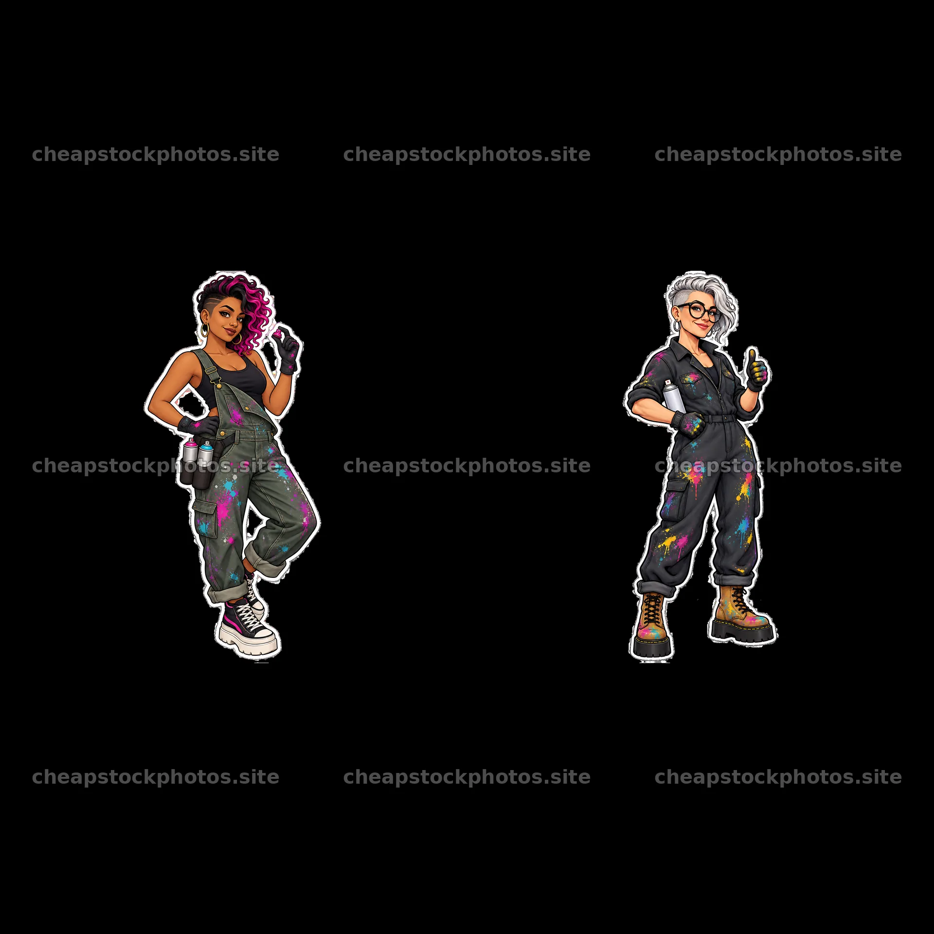 Sexy female graffiti sprayers in stylish jumpsuits with spray cans – stock photos 7746x7746