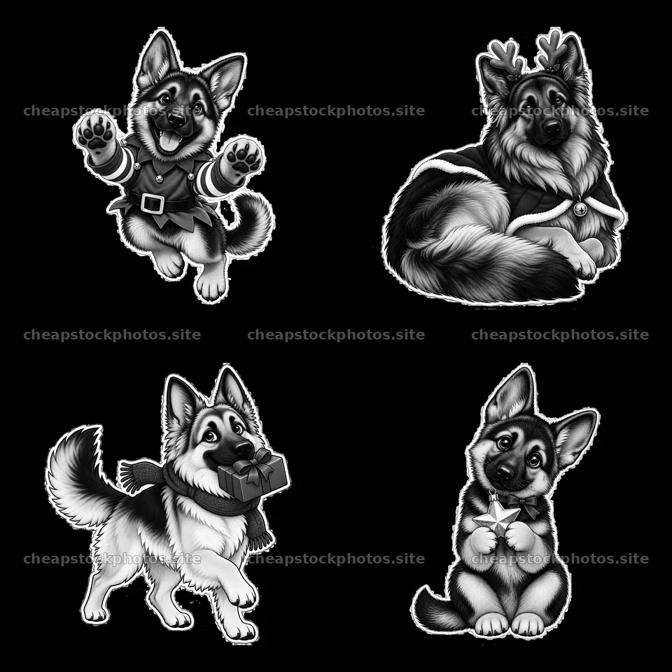 Four black and white Christmas stickers featuring German Shepherds – stock photos 7746x7746