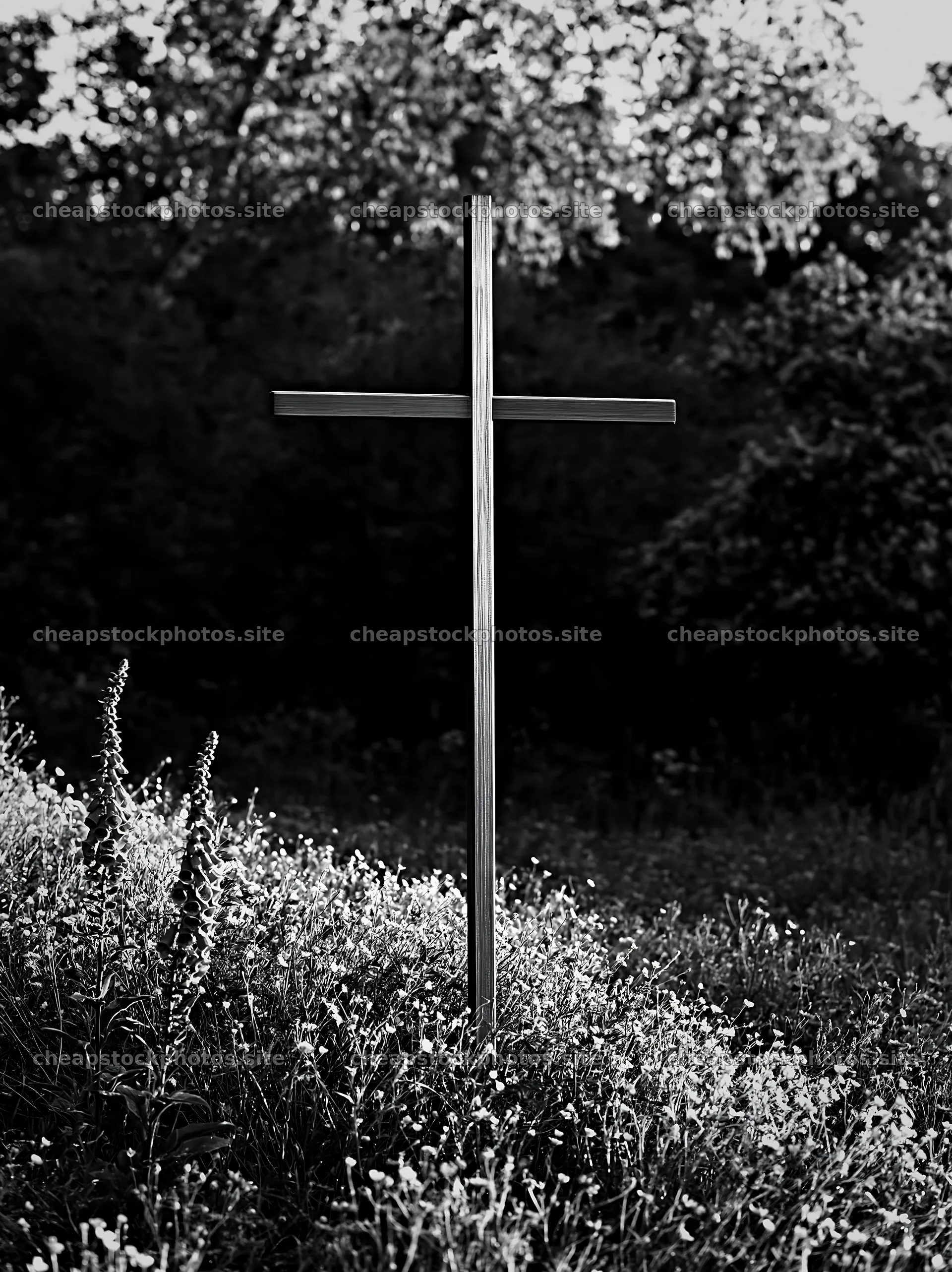 Christian cross at sunrise in a meadow – stock photos 6866x9174