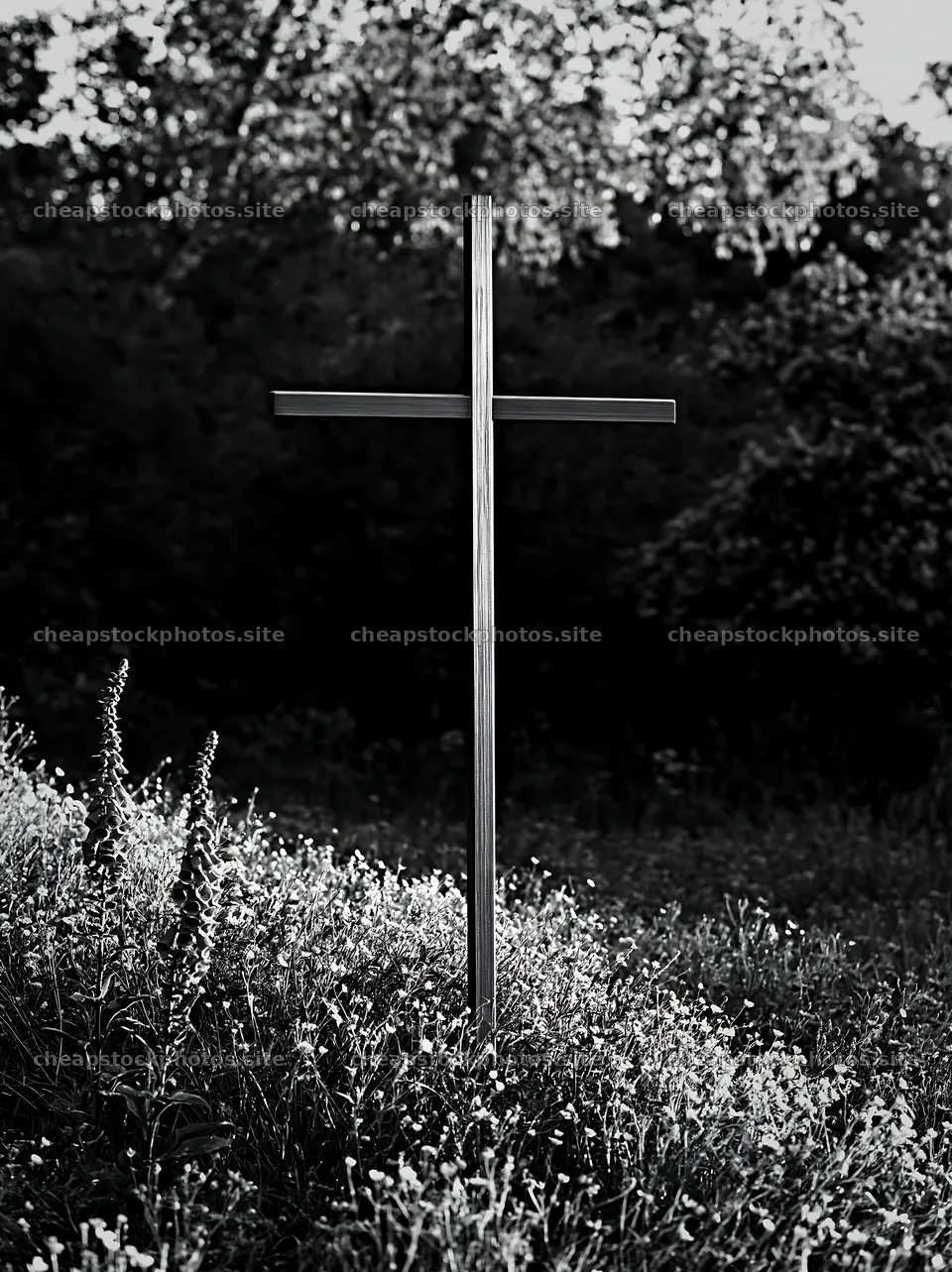 Christian cross at sunrise in a meadow – stock photos 6866x9174