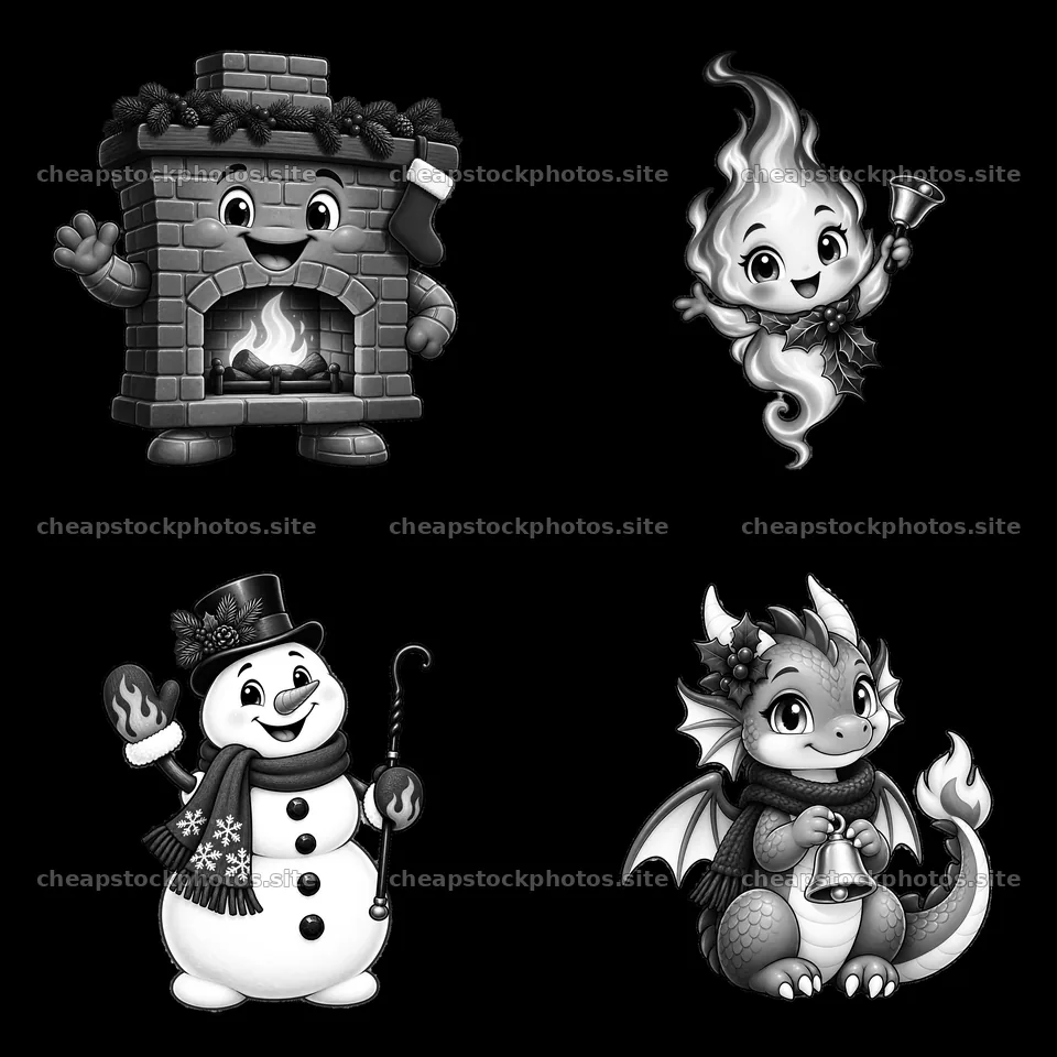 Christmas fireplace cartoon characters in playful designs – stock photos 7746x7746