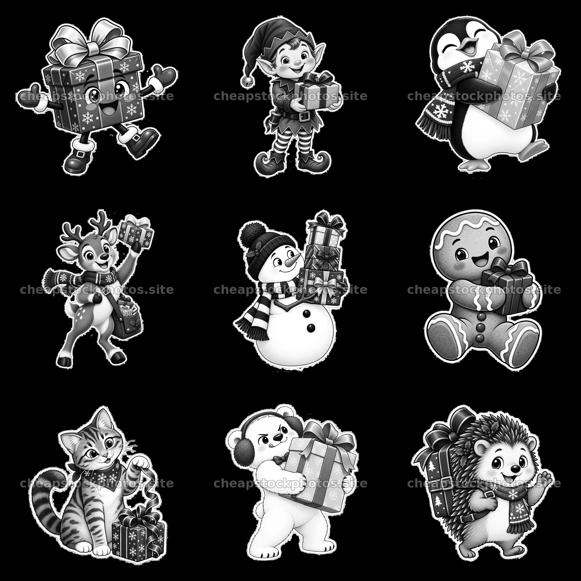 Cartoon characters holding Christmas presents in a 3x3 grid – stock photos 7746x7746