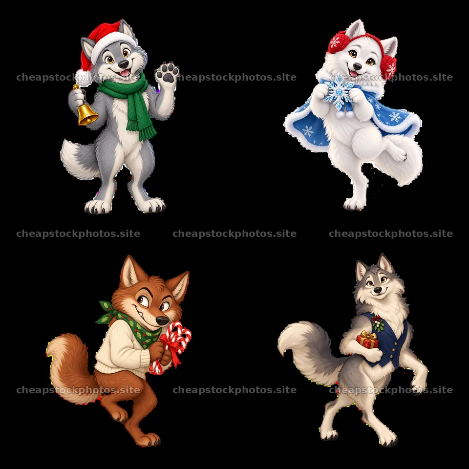 Christmas wolves celebrating in a festive 2x2 cartoon sticker set – stock photos 7746x7746