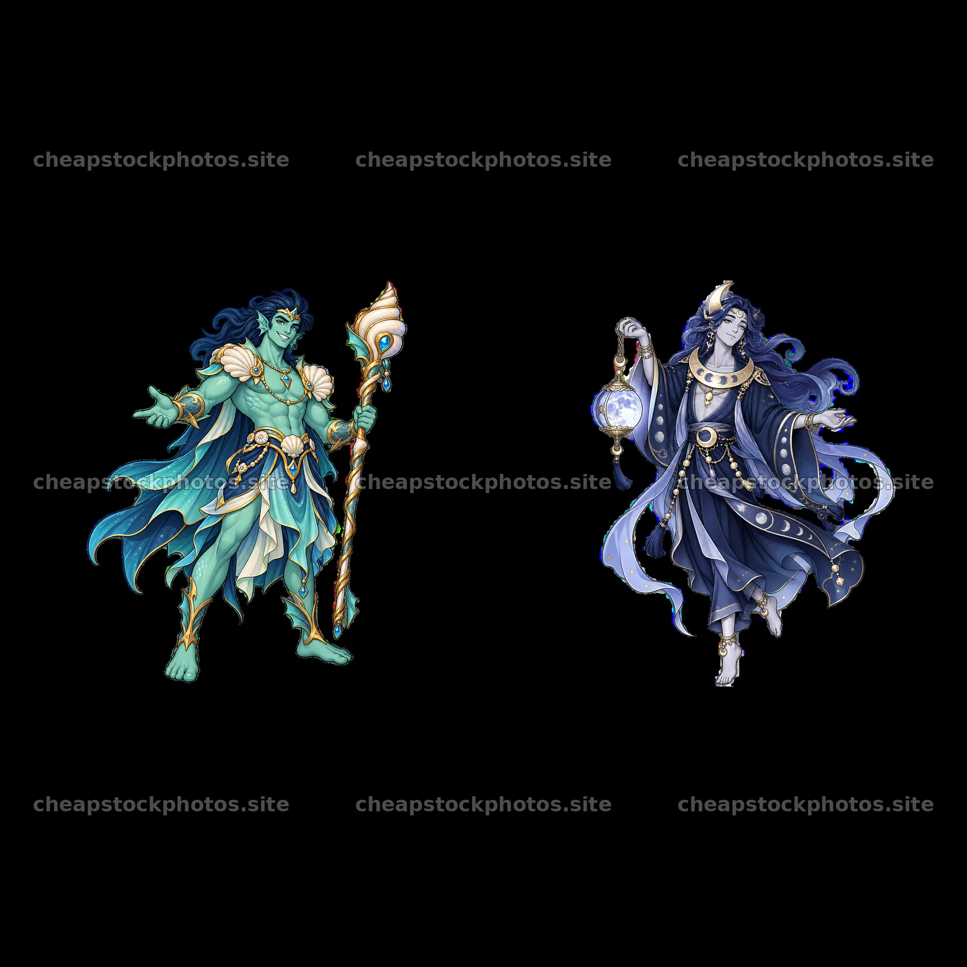 Cartoon sticker illustration of pagan gods with staff and lantern – stock photos 7746x7746