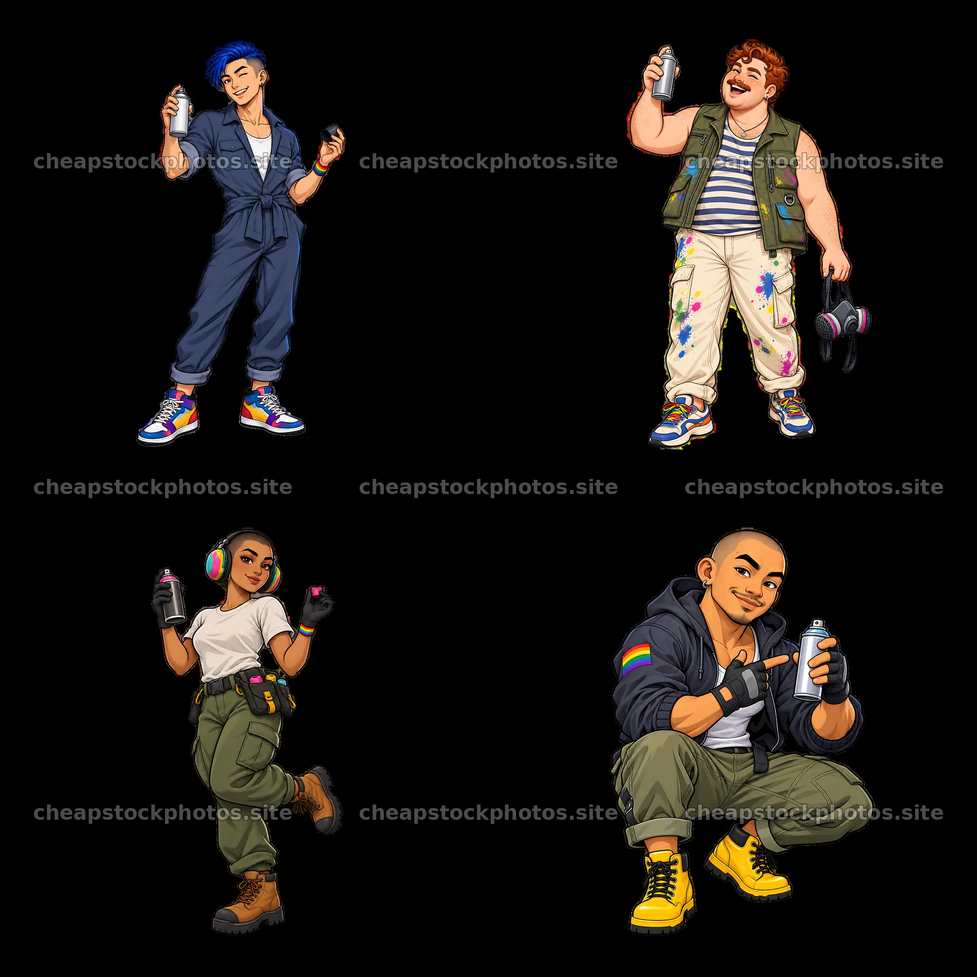 Gay graffiti spray painters with tools and colorful outfits – stock photos 7746x7746
