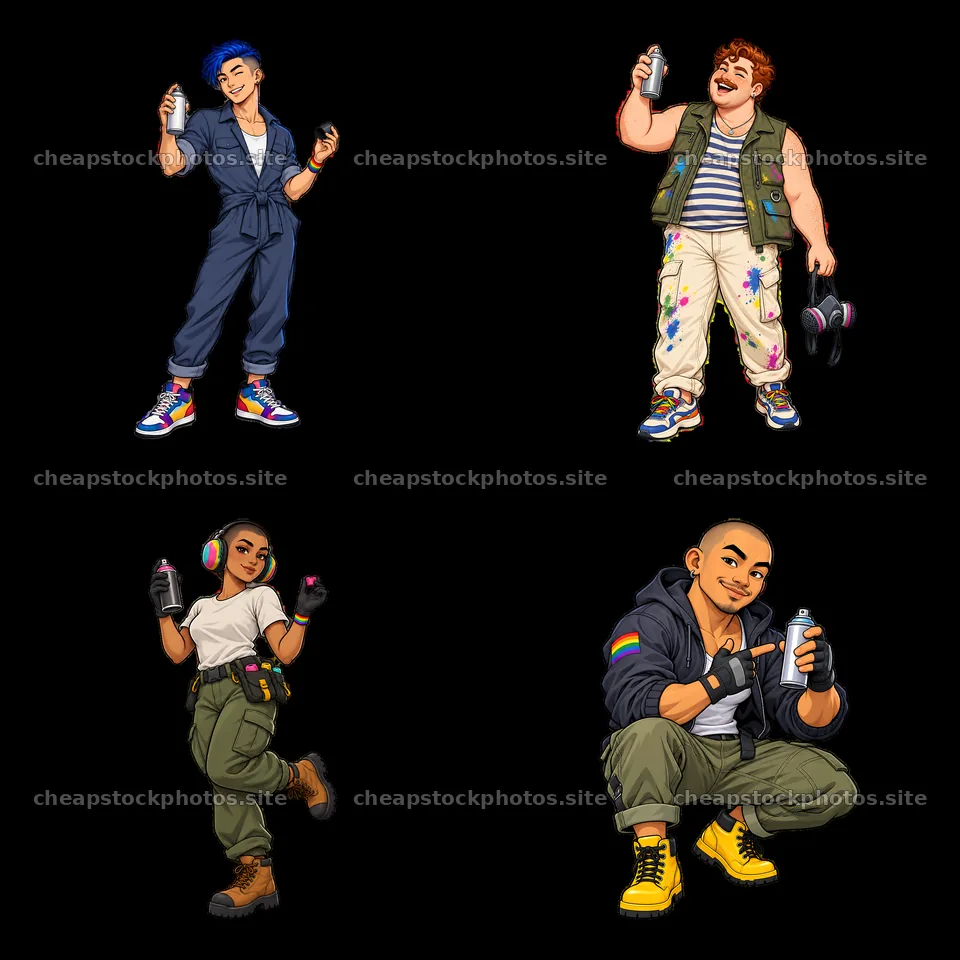 Gay graffiti spray painters with tools and colorful outfits – stock photos 7746x7746