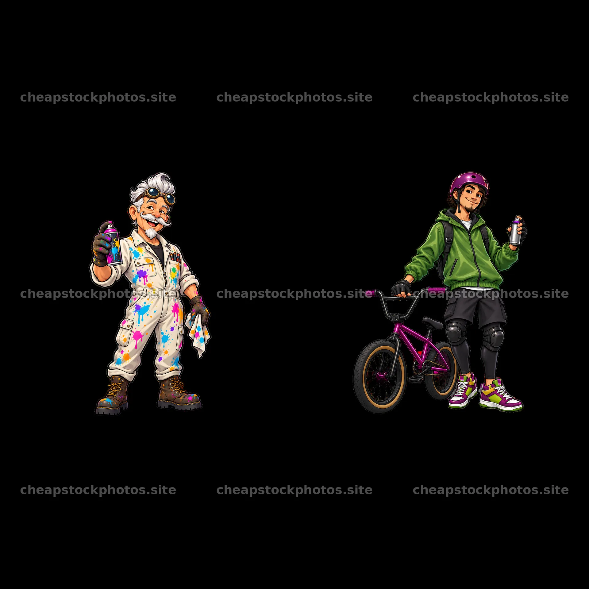 Cool graffiti sprayer with bike rider in vibrant street style – stock photos 7746x7746