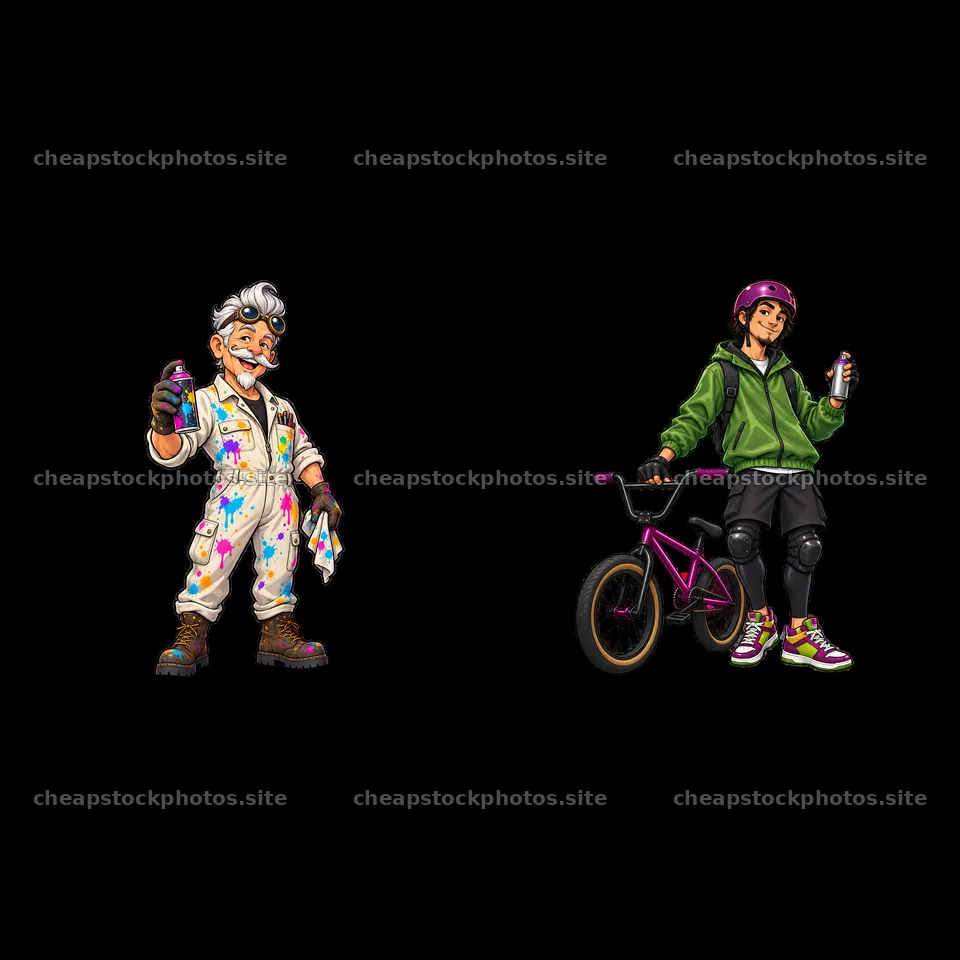 Cool graffiti sprayer with bike rider in vibrant street style – stock photos 7746x7746