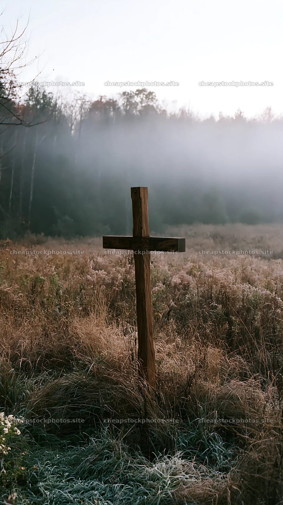 Carved oak cross in frosted meadow at dawn – stock photos 5938x10608